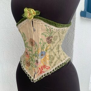 Handmade steel boned Floral Embroidered underbust Corset with Green Trim